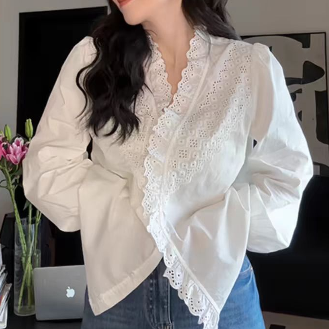 ZHCK韩国氛围感上衣2025新款韩系花边衬衣百搭气质衬衫女8913