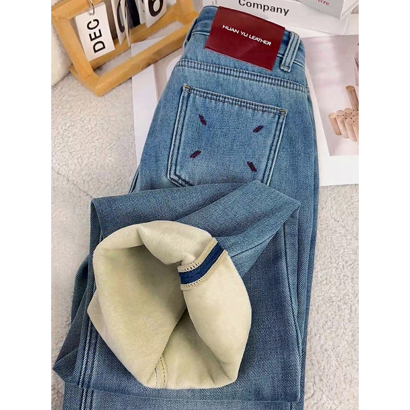 美思源浅色加绒牛仔裤女马吉拉阔腿爆款2025年秋冬季加厚高腰直筒