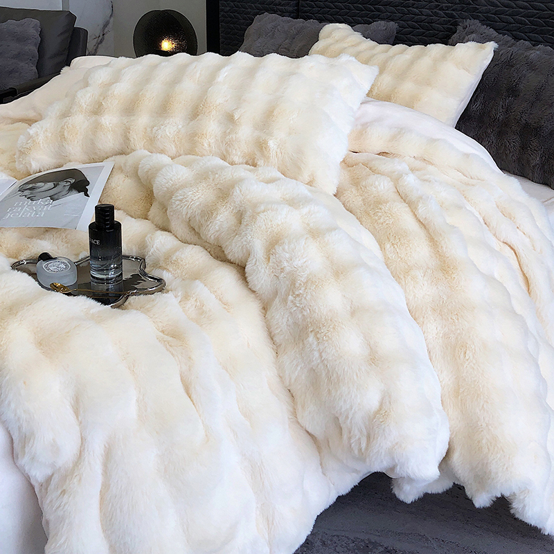 水星高端适用家纺冬季兔毛牛奶绒床上四件套双面加绒被套加厚保暖