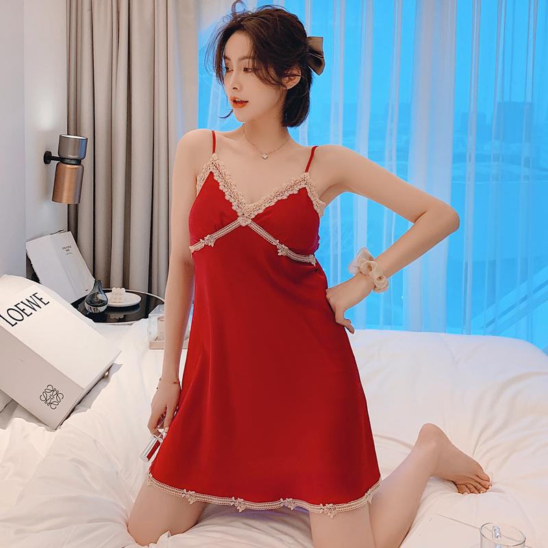 【欣美丽】时尚女神带胸垫吊带睡裙柔软冰丝睡衣女夏季女人味性感