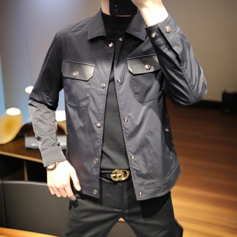 2023春夏新款男士夹克翻领拼接商务百搭休闲修身纯色韩版外套潮流