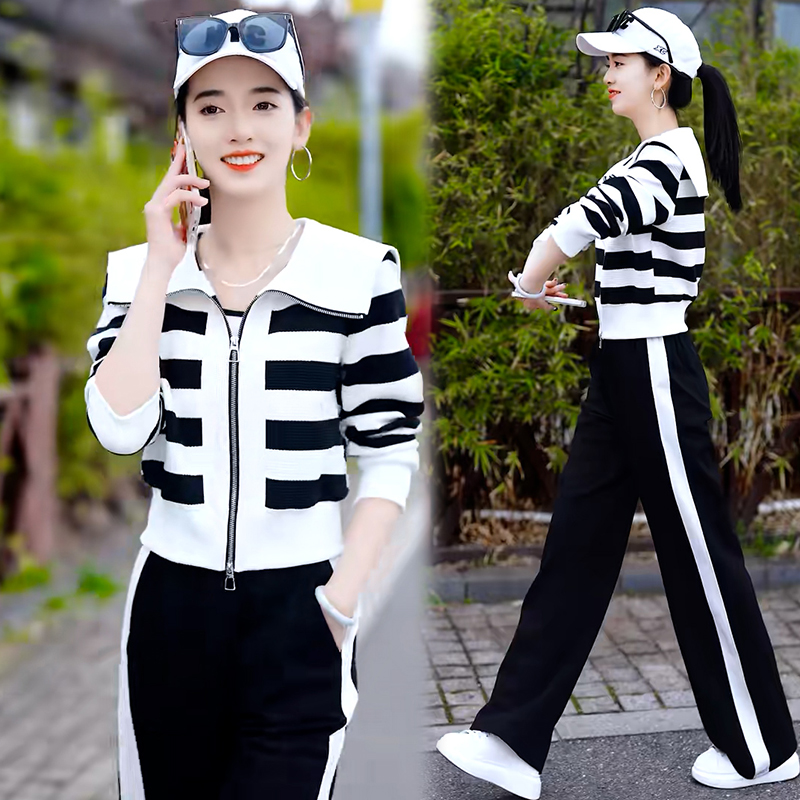 高含棉时尚休闲套装女2025年春秋新款洋气娃娃领开衫阔腿裤两件套