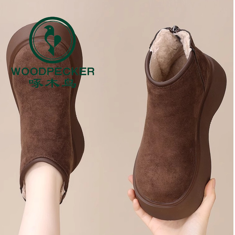 啄木鸟复古厚底磨砂短靴女冬季新款大棉加绒后拉链防寒保暖雪地靴
