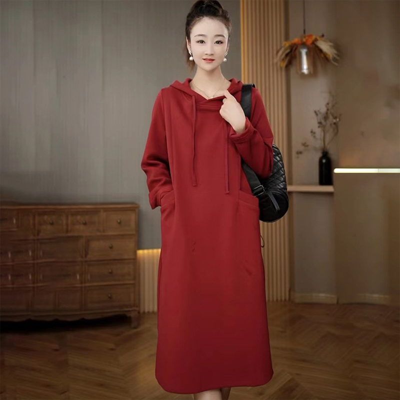 2023秋季新款连帽连衣裙长袖休闲宽松大码中长款大口袋纯色卫衣裙