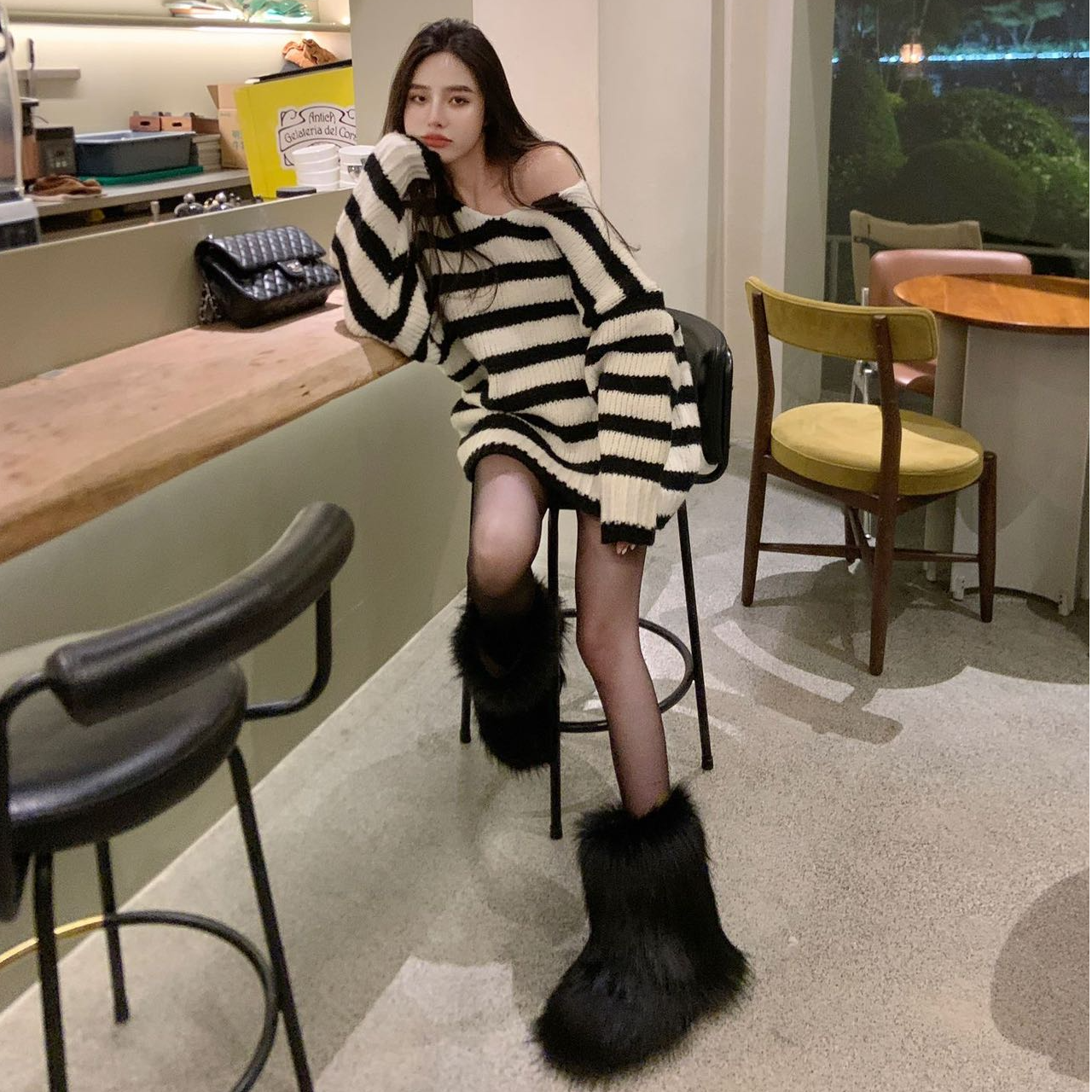 法式复古条纹毛衣2025春季V领针织衫宽松慵懒松弛感中长款上衣女