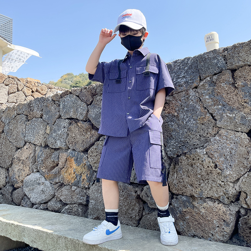 男童夏装套装2025新款儿童夏季中大童洋气男孩运动帅气条纹两件套