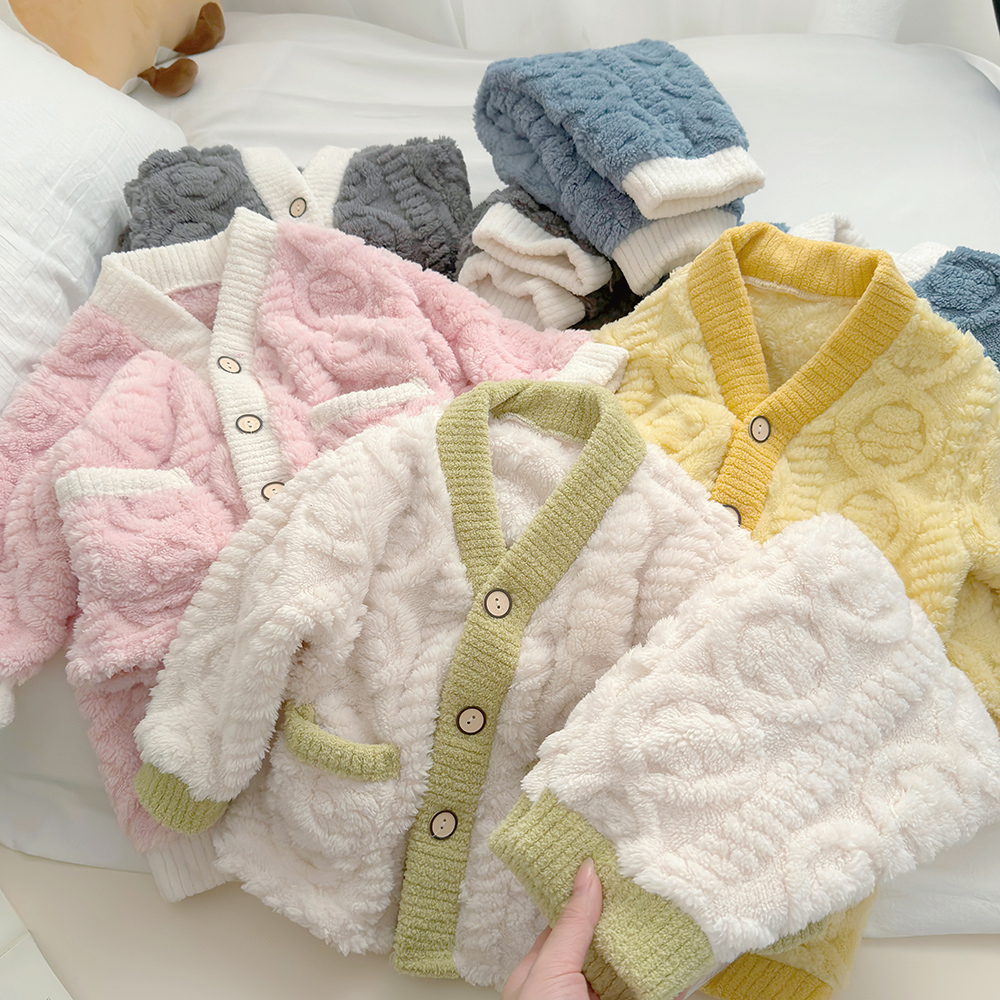 加绒加厚儿童睡衣套装秋冬款男中大童开衫保暖女家居服