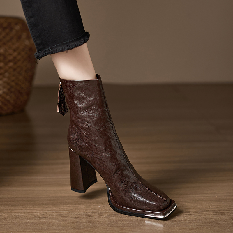 小个子手工女鞋10cm~真皮短靴女2025新款粗跟法式复古气质鞋子