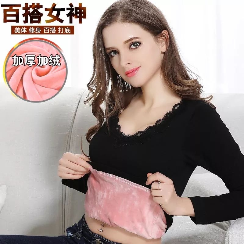 加绒加厚蕾丝V领保暖37度恒温女2025新款冬季韩版美体上衣打底潮