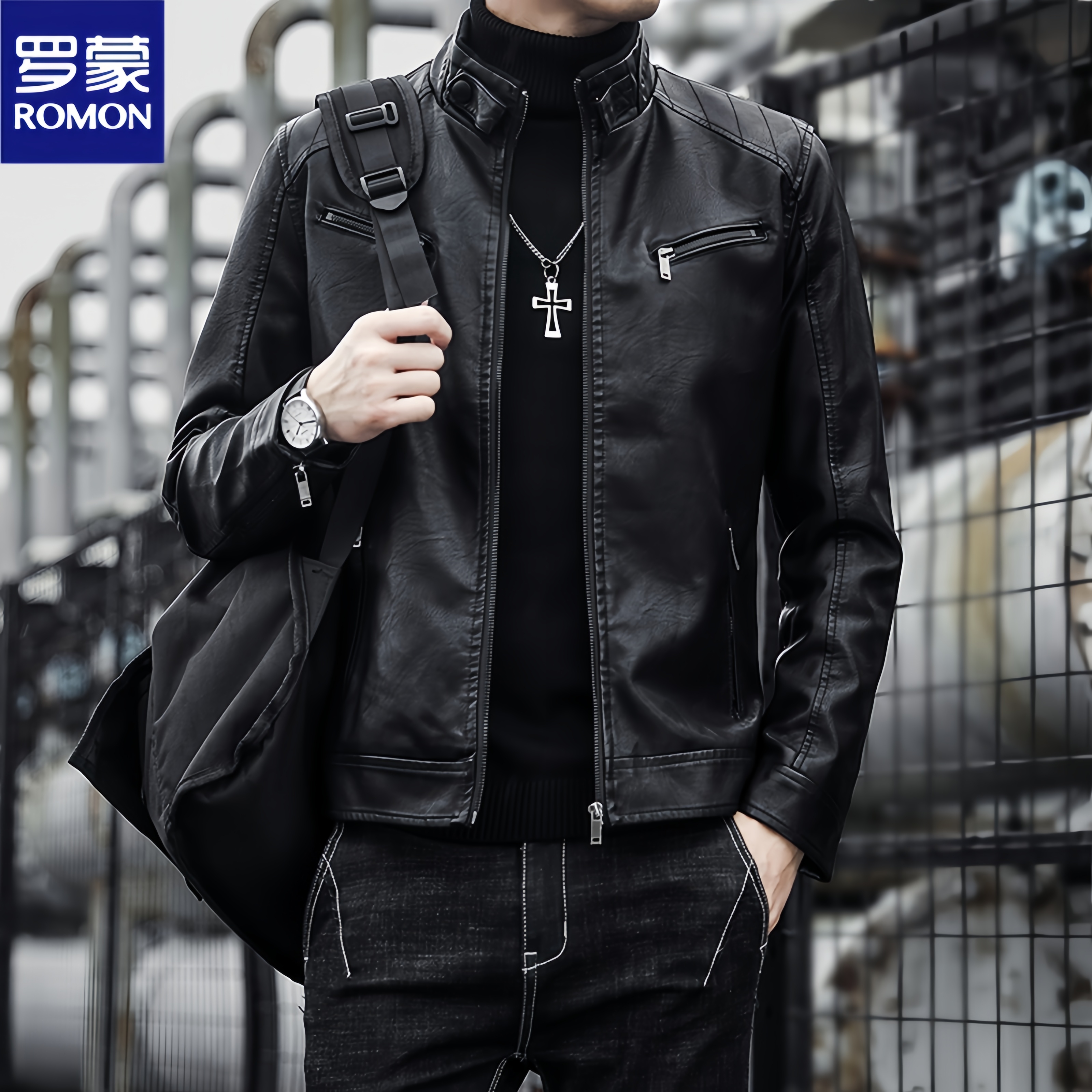 罗蒙海宁男士皮衣2024春秋季潮牌立领痞帅机车皮夹克外套男款韩版