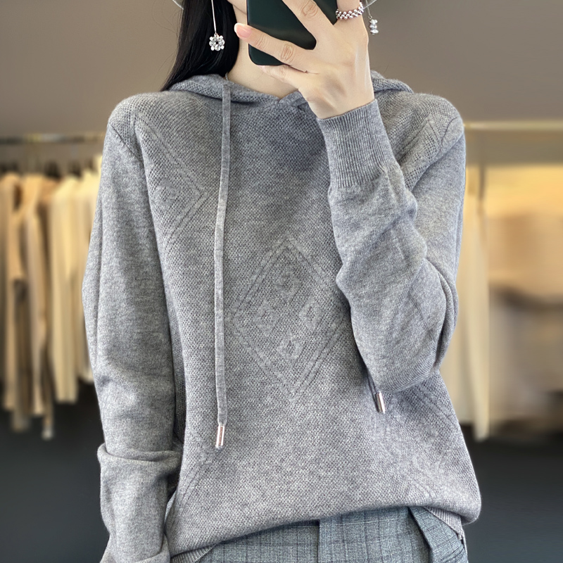 Z春秋菱形提花套头连帽女休闲宽松时尚百搭针织衫长袖打底针织