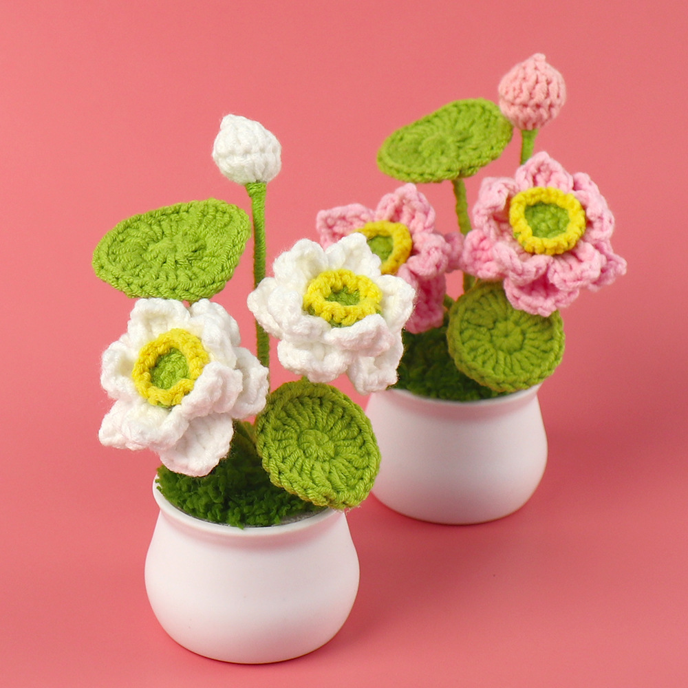 【成品】毛线钩织DIY荷花迷你盆栽国风古典清新书桌车载摆件礼物