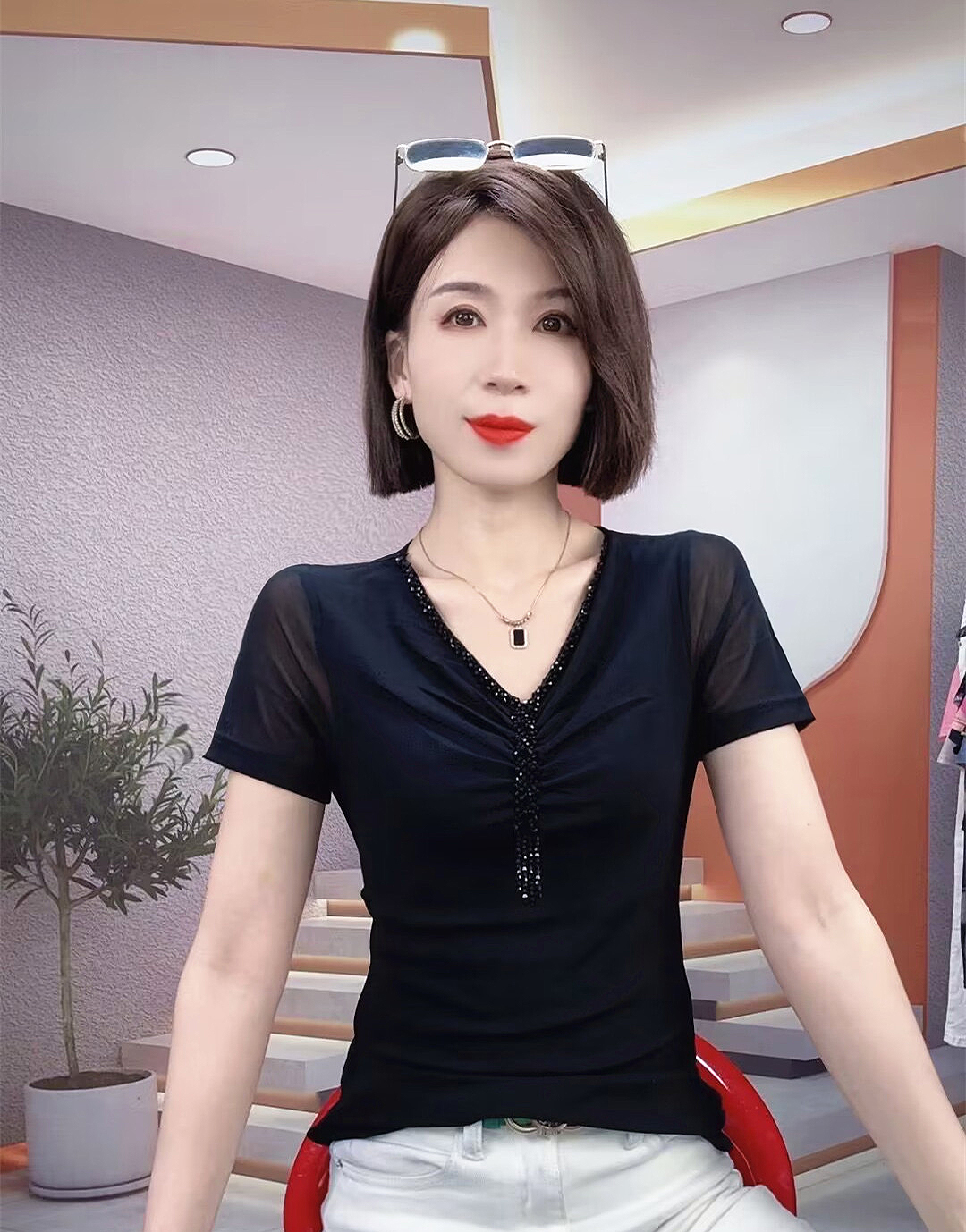 洋气上衣时髦短袖打底衫2025夏季圆领女装直播小衫冰丝透气网纱