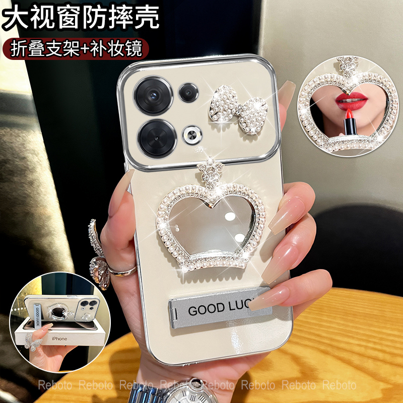 适用oppoReno8/8pro皇冠补妆镜大视窗手机壳创意全包防摔网红女款