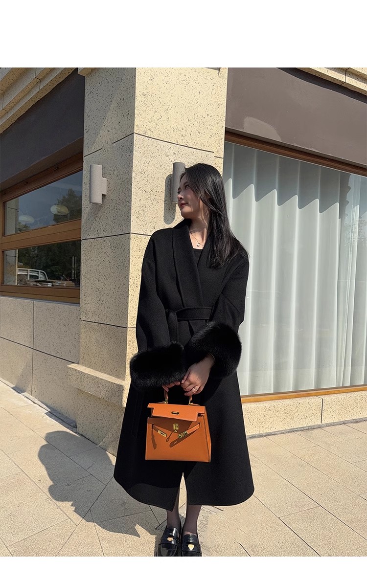 淼家同款黑色呢大衣双面羊毛外套狐狸毛领子秋冬显瘦长款大衣宽松