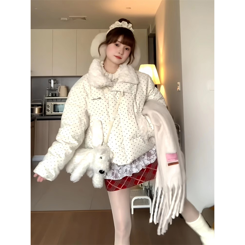 高级感甜美毛领波点棉服外套女冬季新款韩系加厚短款面包服短外套