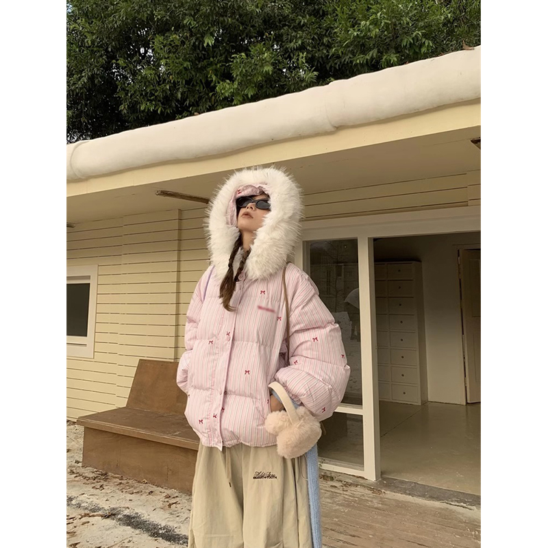 美式条纹蝴蝶结毛领连帽棉服外套女冬季新款加厚保暖棉衣面包服潮