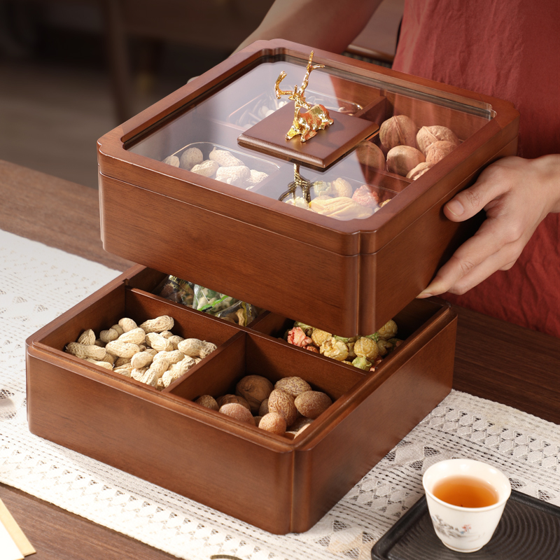 坚果零食收纳盒客厅茶几家用木质双层九宫格干果盘瓜子糖果盒中式