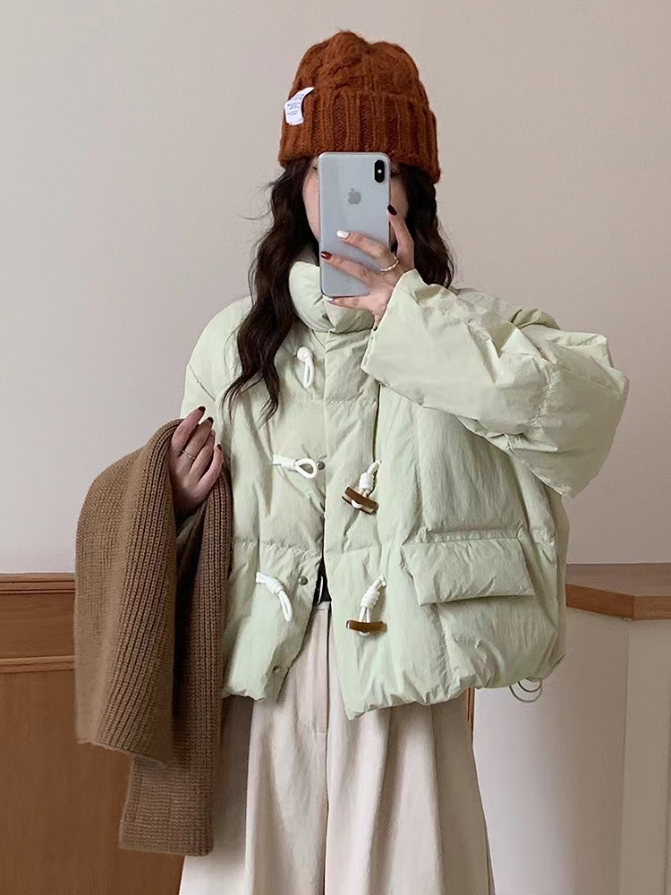 宠粉显瘦韩版甜美减龄学院风牛角扣白鸭绒小个子短羽绒服女