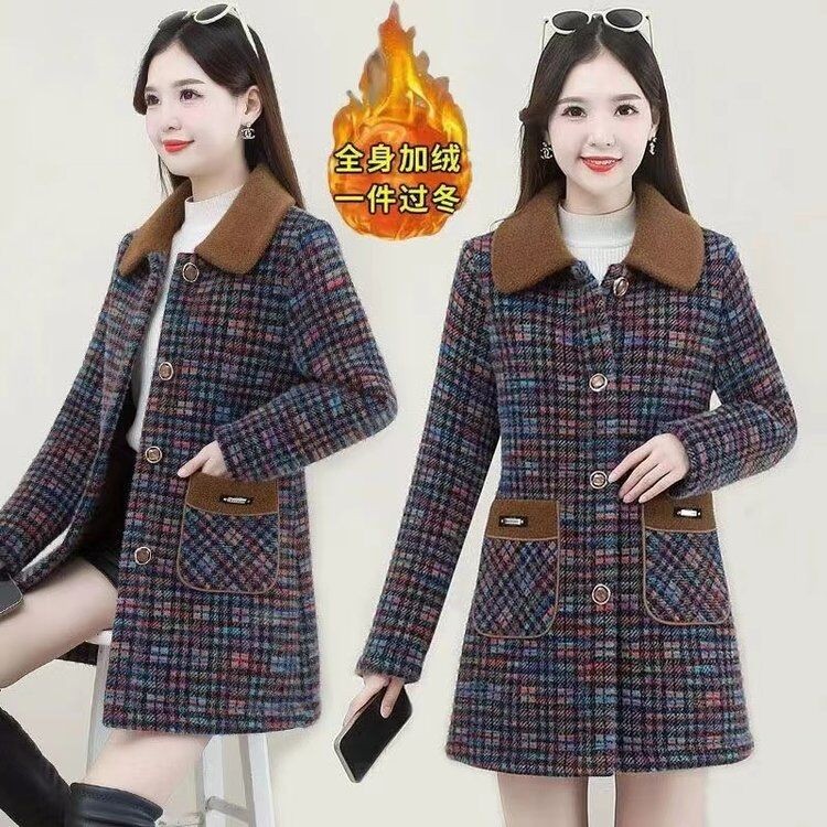 格子仿水貂绒毛呢外套2023新款中长款加厚高端气质妈妈呢子大衣女