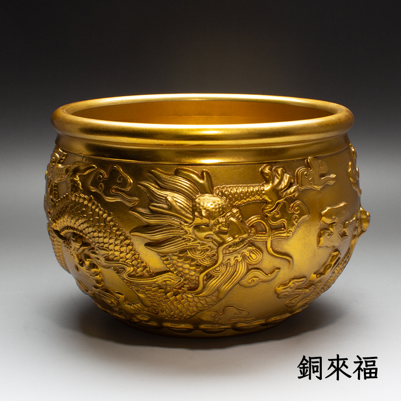 全铜二龙缸铜缸全铜米缸进宝聚米缸客厅家居摆件小号大号龙纹