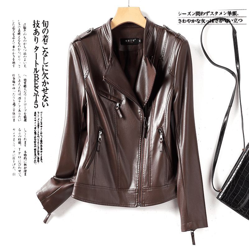 海宁皮衣女长袖外套短款2025新款韩版修身机车皮夹克时尚休闲8866