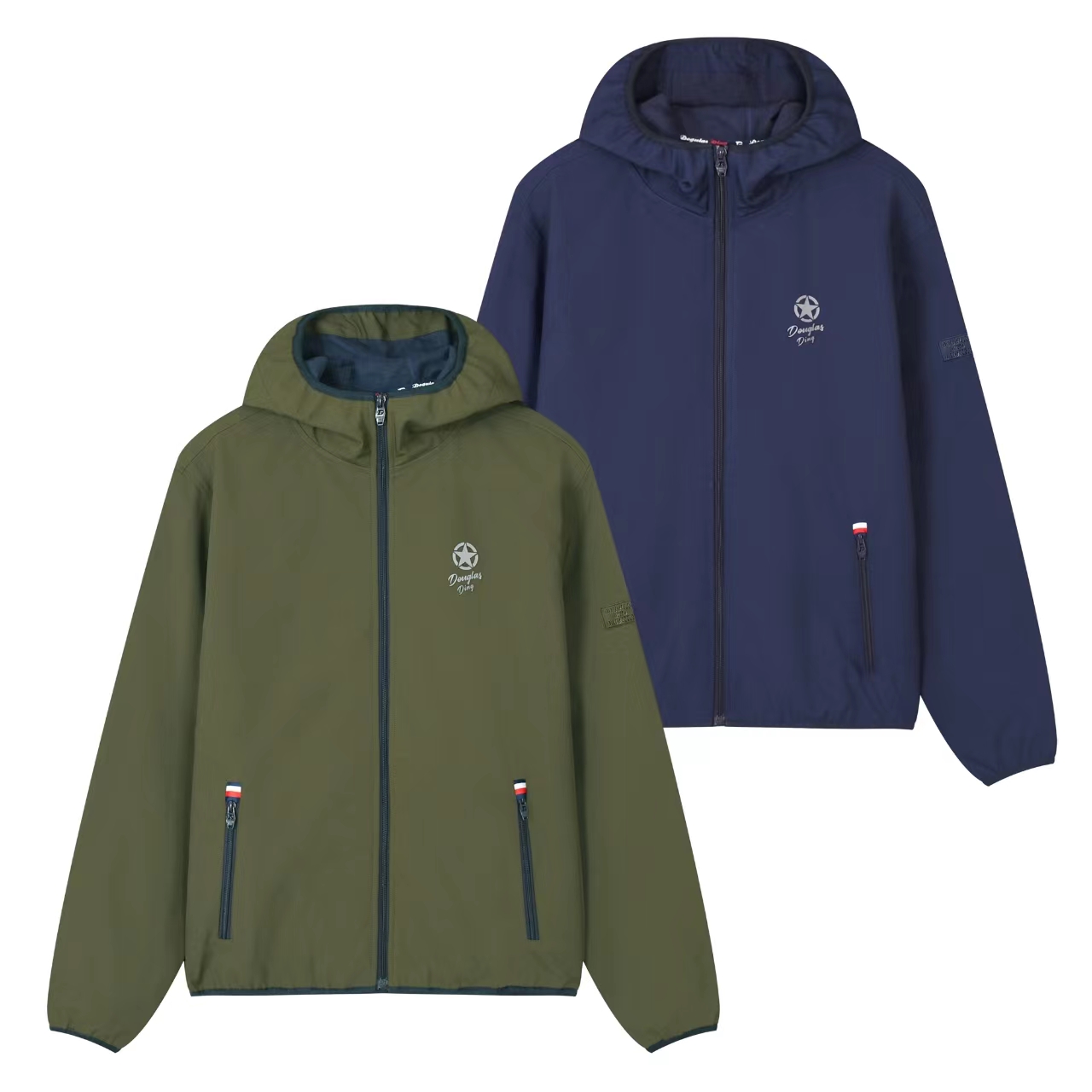 【道格拉斯】军绿/蓝色防风防泼水薄绒拉链连帽户外夹克风衣DD3708