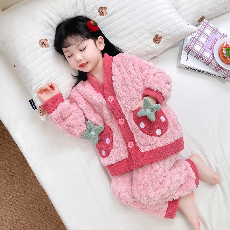 女童珊瑚绒睡衣秋冬季2025新款加绒冬款女孩宝宝儿童法兰绒家居服