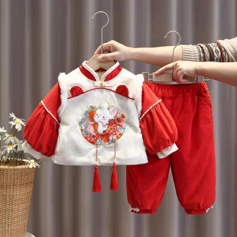 女童拜年服唐装儿童喜庆新年服套装宝宝周岁礼服加绒加厚过年服冬