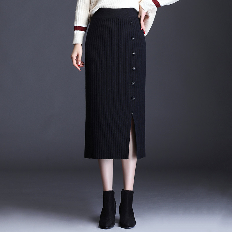 秋冬季针织直筒半身一步长裙女新款毛线裙子时尚黑色高腰包臀裙子