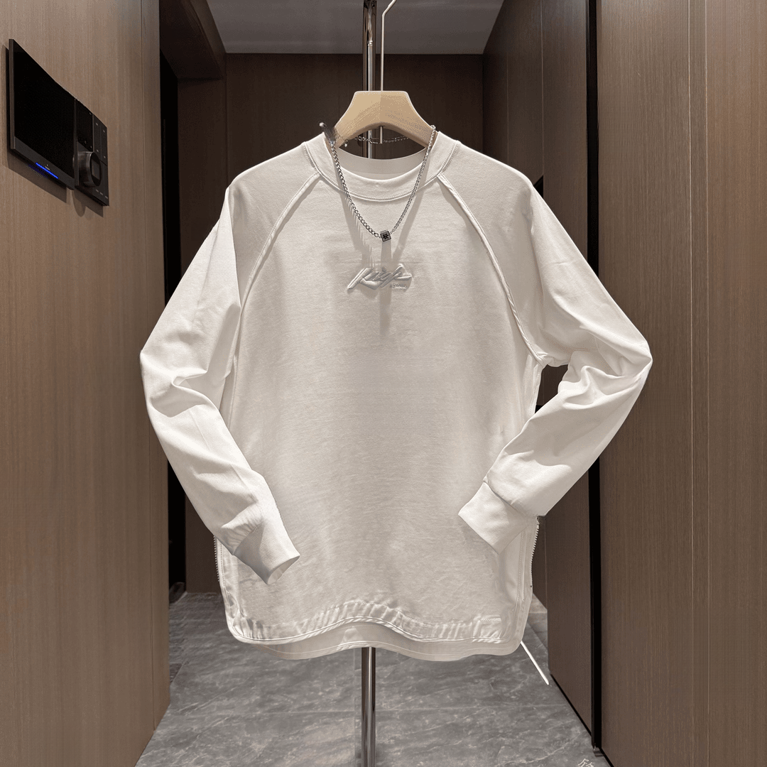 秋冬款设计师风包边拼接打底刺绣纯色T恤潮流时尚百搭圆领设卫衣
