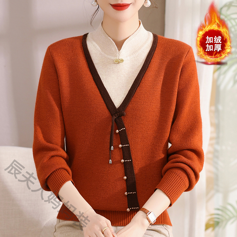 中老年妈妈装加绒加厚时尚打底衫百搭假两件秋冬新款洋气宽松长袖