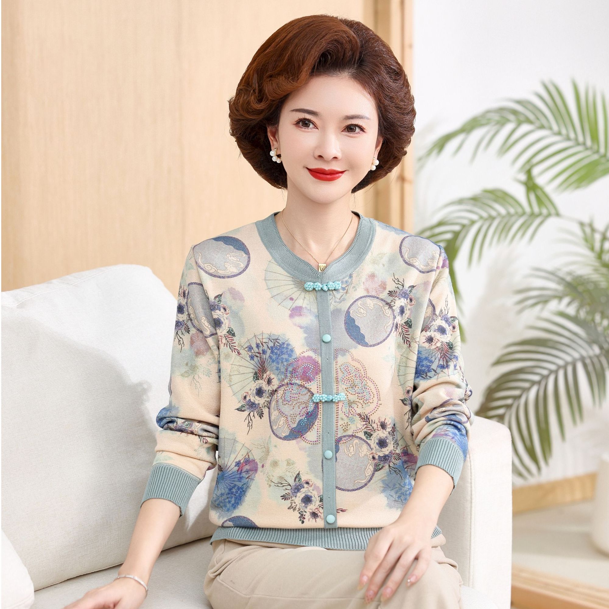 2024妈妈秋装毛衣洋气时尚打底衫中老年女秋冬新中式国风针织上衣