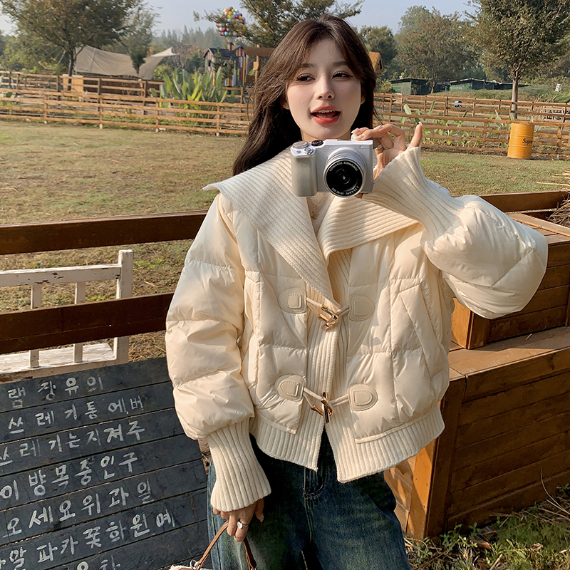 白色针织翻领小个子女短款2025冬新款法式加厚保暖棉服感时尚外套