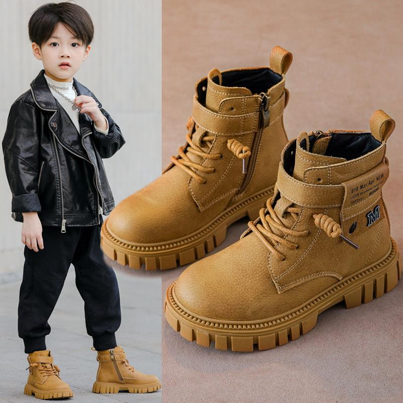 新品巴拉巴拉男童鞋子马丁靴真皮2025新款防水高帮男孩春秋儿童靴