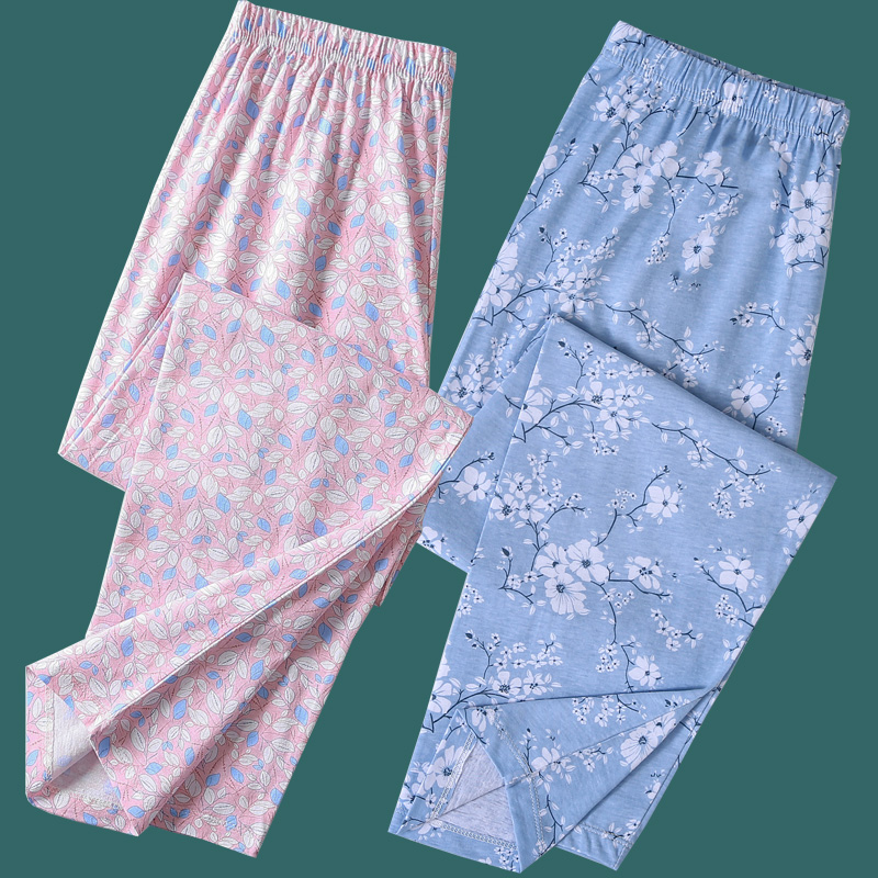 女士纯棉高腰家居裤妈妈薄款睡裤加肥加大码深档宽松长裤夏空调裤