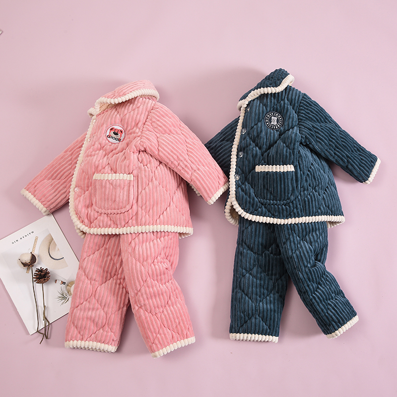 儿童家居服宝宝睡衣法兰绒加绒珊瑚绒女孩三层夹棉套装加厚保暖