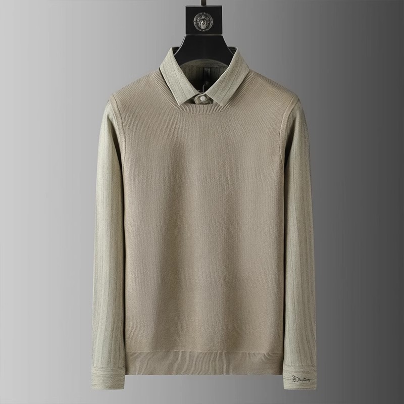 假两件毛衣男2023冬季加厚加绒保暖双领套头针织衫男士高端衬衫领