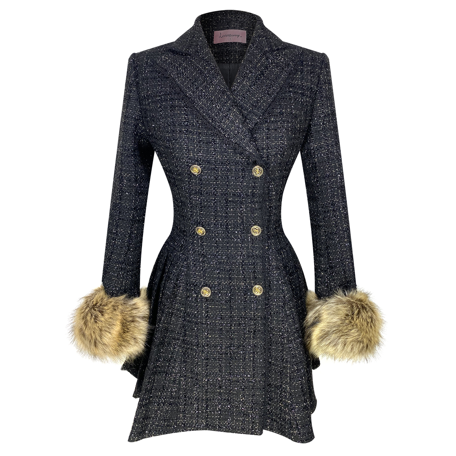 2023秋冬新款毛绒袖黑色风衣裙小香风富贵范双排扣轻奢大衣连衣裙