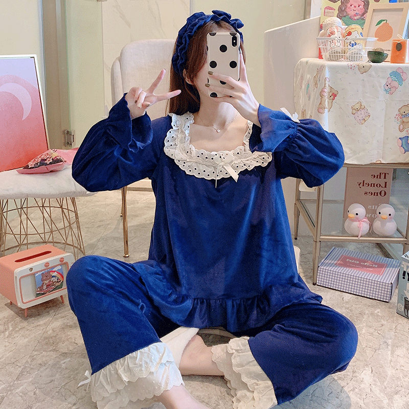 海岛绒睡衣女秋冬季新款双面绒法式宫廷风方领甜美可爱套头家居服