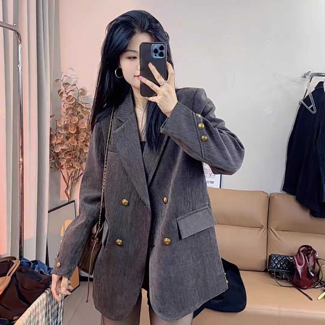 2025冬季雪尼尔西装外套女网红休闲百搭宽松韩版双排扣设计感西服