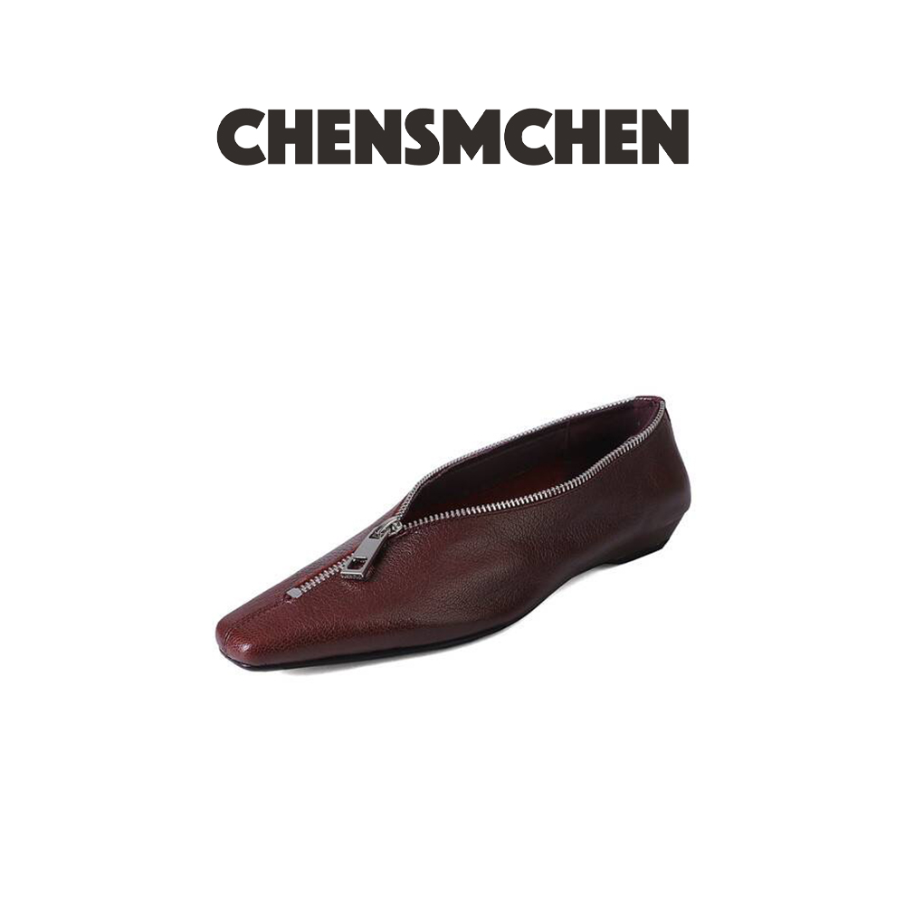 CHENSMCHEN欧美风小众设计感前拉链法式方头浅口粗跟气质单鞋6661
