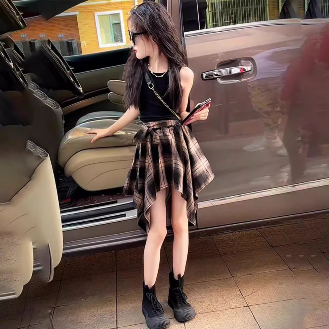 女个性童露背背心不规则格子半身裙套装2025夏款中大童裙裤甜酷风