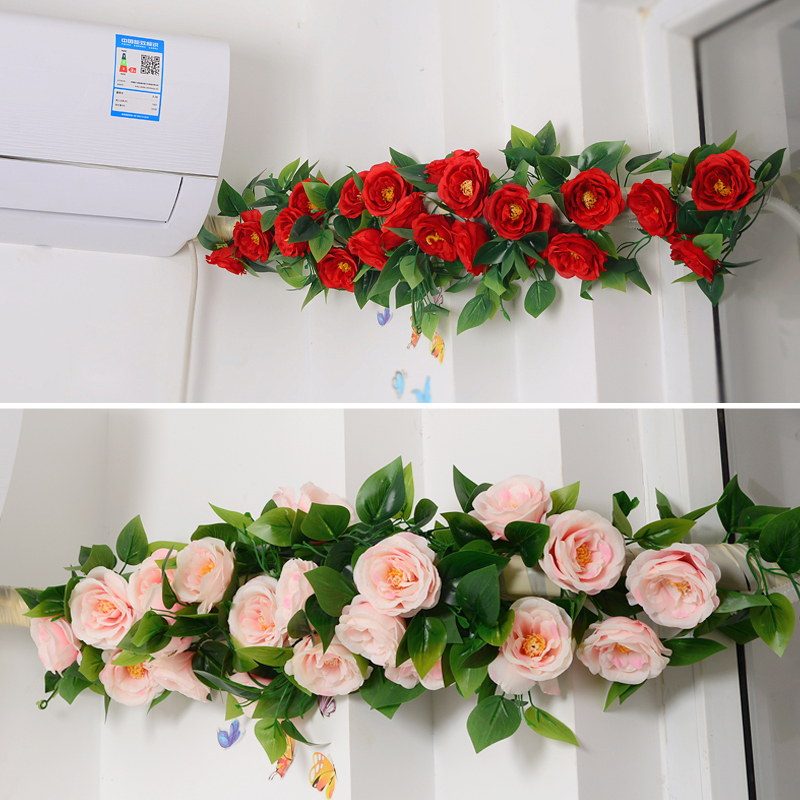 仿真玫瑰花空调管道装饰花藤条遮挡缠绕藤蔓植物吊顶墙面造景假花