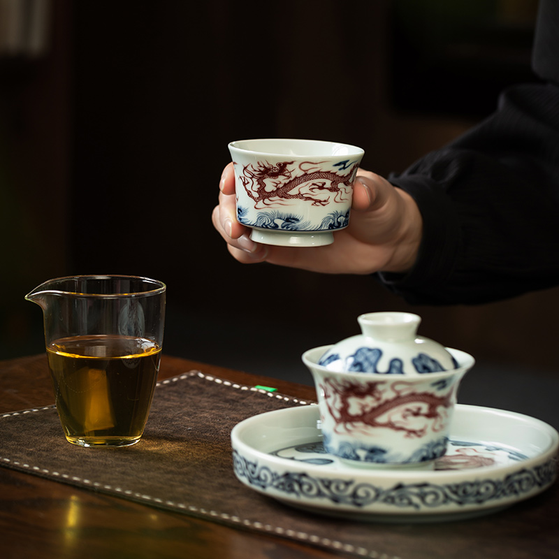 古青花釉里红盖碗中式复古泡茶器家用简约茶具景德镇陶瓷茶器