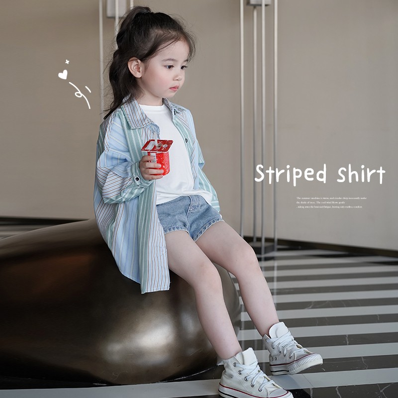 AnnieGirl日系休闲出街轻薄纯棉条纹舒适长袖时髦男女童防晒衬衫