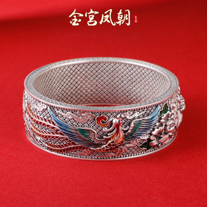 足银珐琅手镯 金宫凤朝有凤来仪复古银制品手镯花丝传承珐琅彩