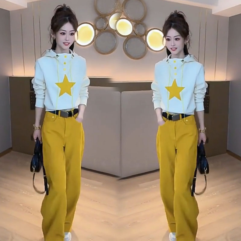 2025春秋季新款搭配一整套减龄小个子撞色连帽卫衣休闲裤两件套