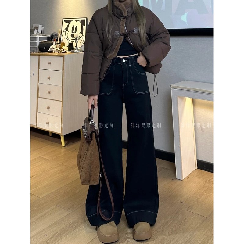 1001-1#加绒加厚冬季高腰牛仔裤女秋宽松显瘦微喇阔腿拖地裤