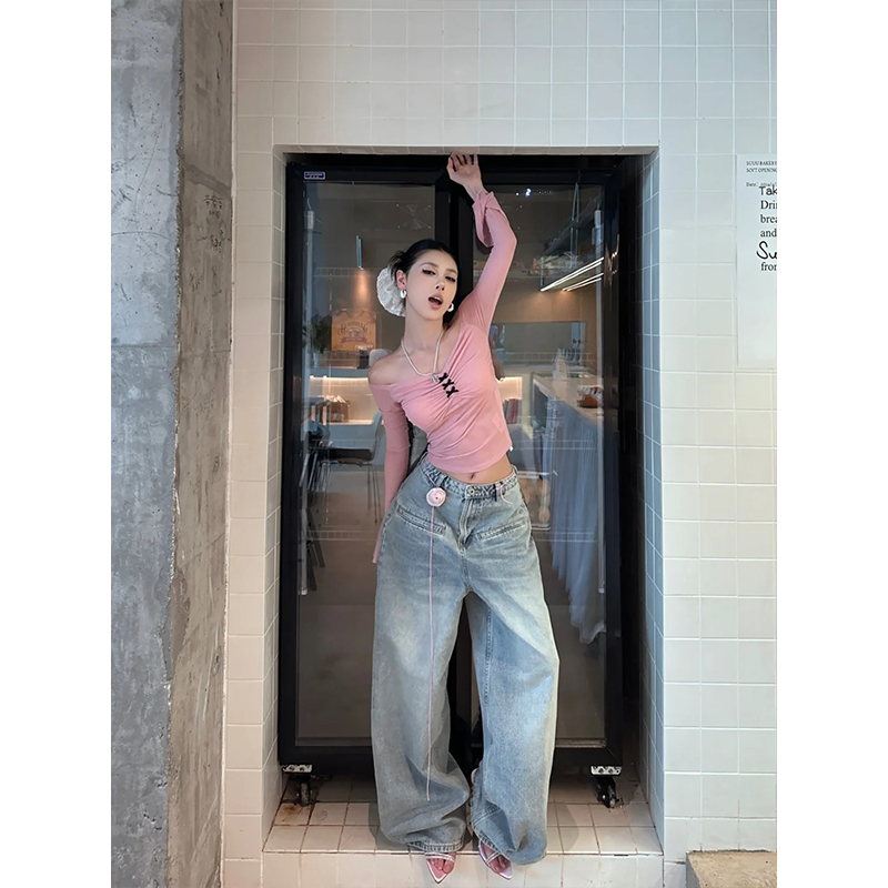 轻熟风性感辣妹设计蝴蝶结喇叭袖T恤上衣高腰垂感直筒牛仔阔腿裤